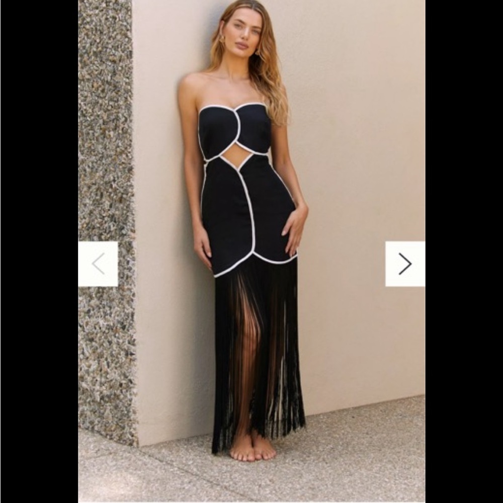 Elegant Black and White Strapless Fringe Dress